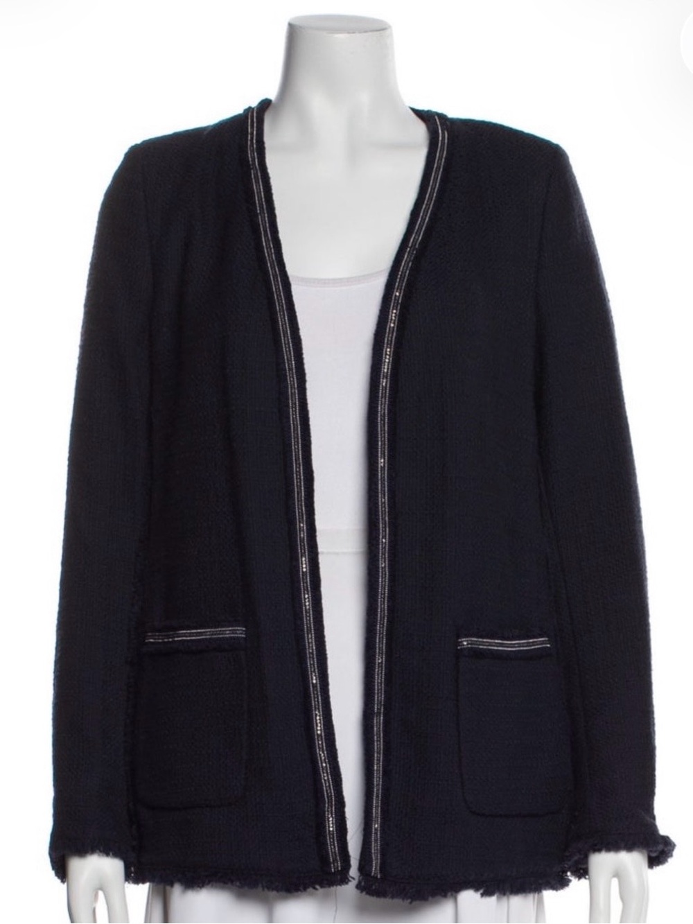 Gerard Darel Navy Collarless Tweed Open Blazer